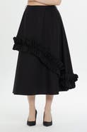 Gizia Asymmetric Ruffle Cotton Midi Skirt