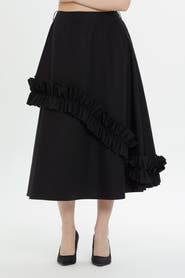 Gizia Asymmetric Ruffle Cotton Midi Skirt
