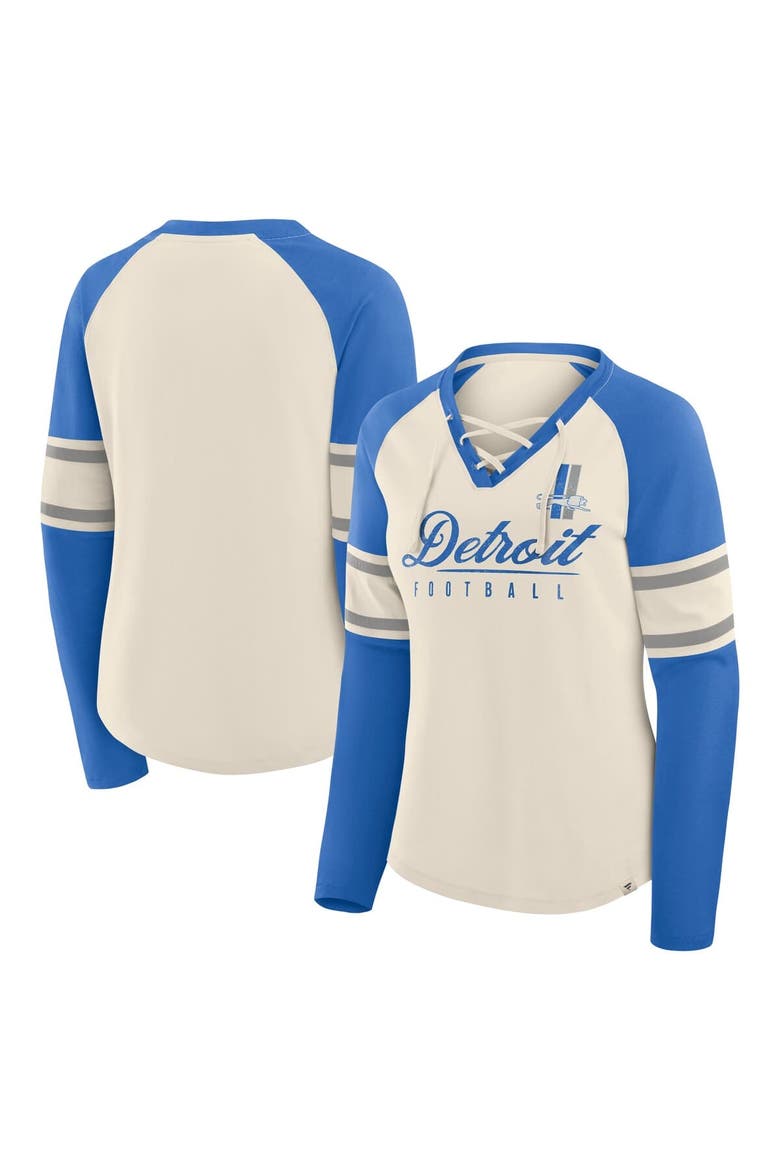 Women's Fanatics Cream/Blue Detroit Lions Hometown Gridiron Hero Raglan Lace-Up V-Neck Long Sleeve T-Shirt, Main, color, Cream