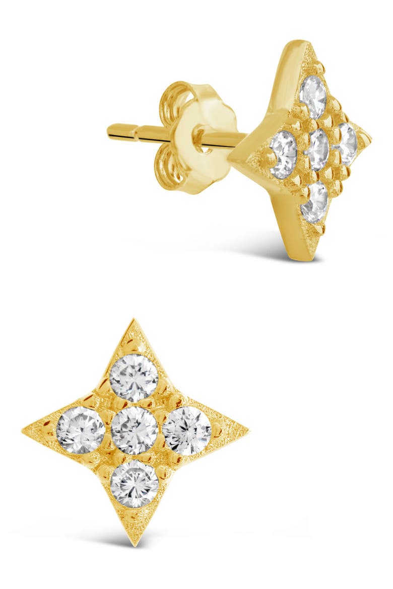 14K Gold Plated Sterling Silver & CZ Dainty Four Pointed Star Stud Earrings, Alternate, color, GOLD