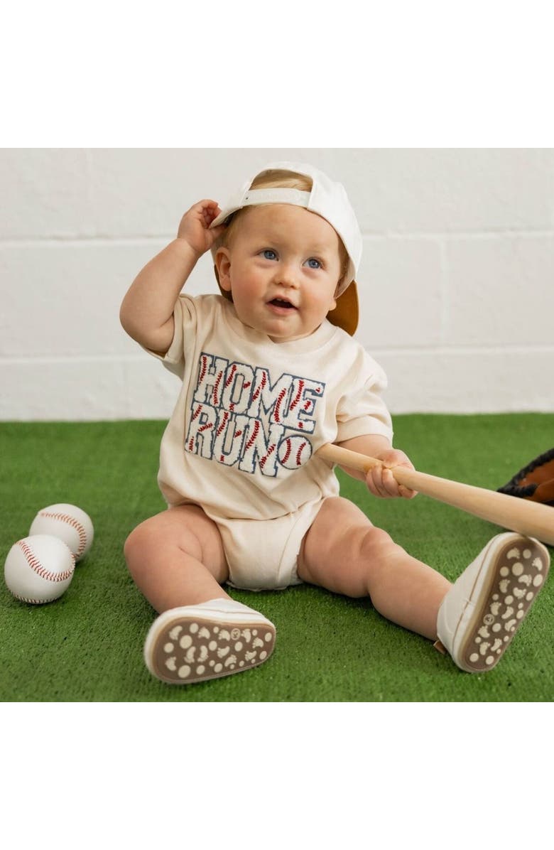 Sweet Wink Home Run Patch Short Sleeve Romper, Alternate, color, Natural