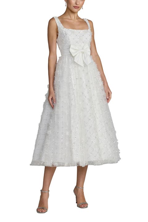Embellished Tulle Midi Dress With Satin Bow
