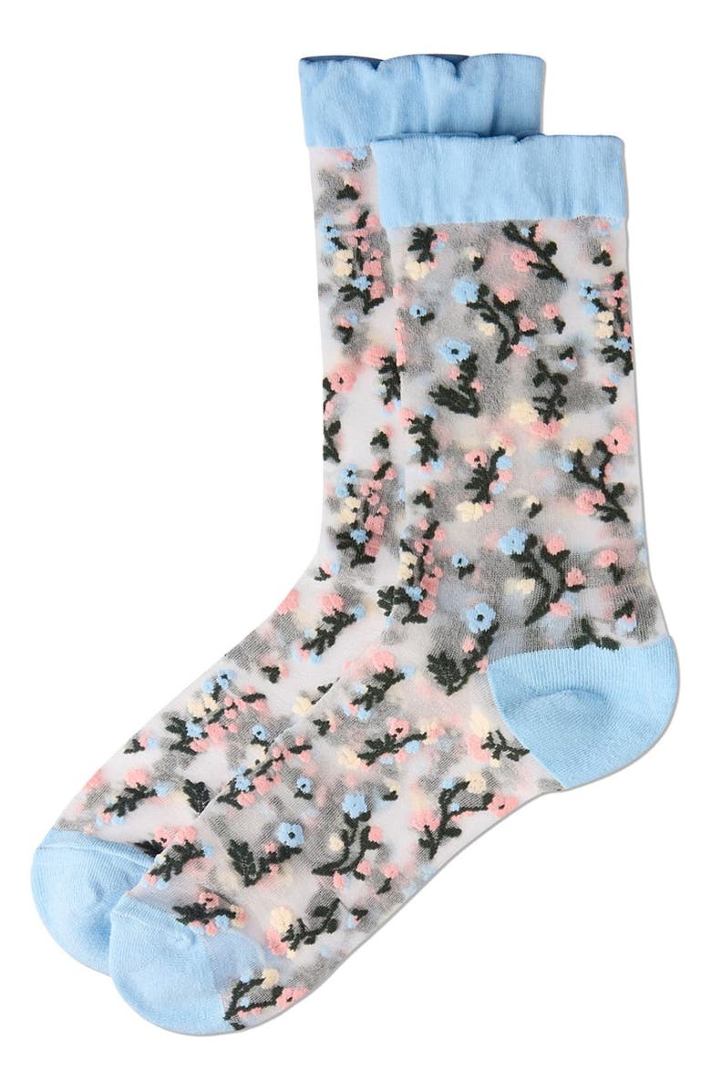 MeMoi Flowing Floral Sheer Crew Socks, Main, color, 
