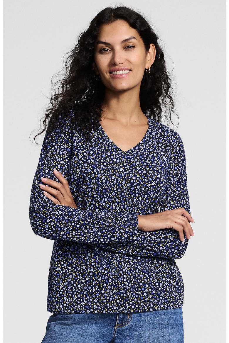 Supima Cotton Long Sleeve V-neck T-shirt, Main, color, Clear Blue/Navy Ditsy Floral