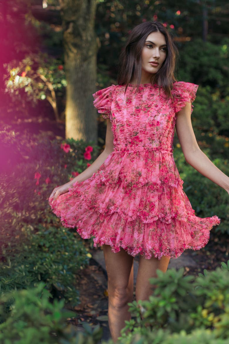 Floral High Neck Cap Sleeve Ruffle Mini Dress, Alternate, color, Pink Multi