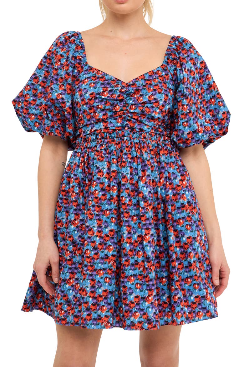 Floral Print Ruched Puff Sleeve Cotton Poplin Babydoll Dress, Alternate, color, BLUE/PURPLE