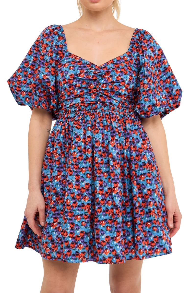 Endless Rose Floral Print Ruched Puff Sleeve Cotton Poplin Babydoll Dress, Alternate, color, Blue/Purple