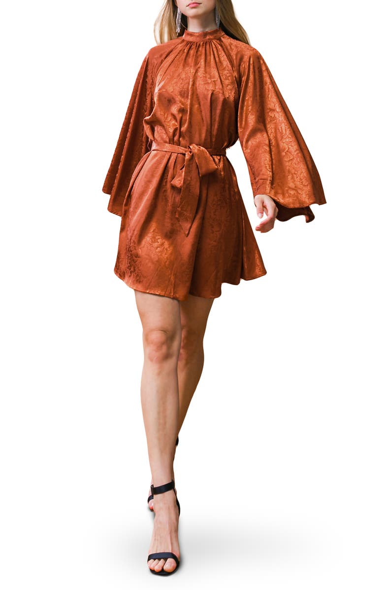 FLYING TOMATO Long Sleeve Satin Minidress, Main, color, Brown