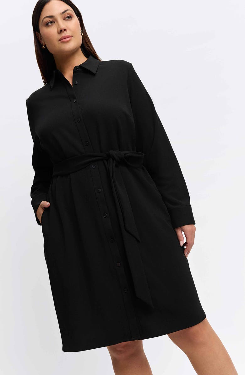 Foxcroft Rocca Wrinkle Resistant Long Sleeve Knit Crepe Shirtdress, Alternate, color, Black