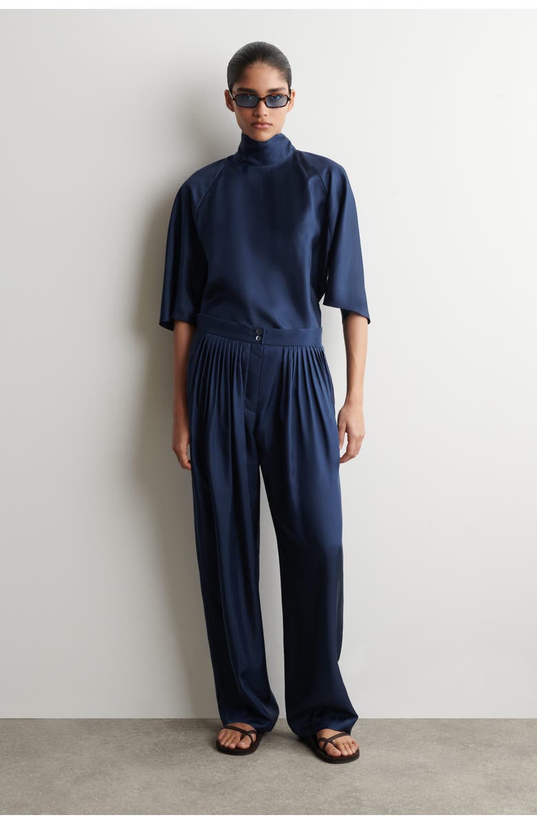 COS Draped Tie-detail Silk Top, Alternate, color, Navy