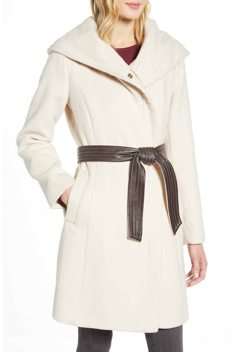 Cole Haan Belted Asymmetrical Wool Coat, Main, color, STONE