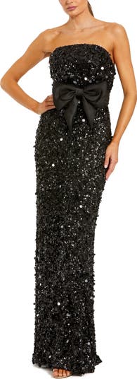 Strapless Sequin Column Evening Gown With Bow