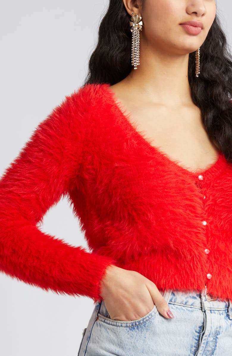 Open Edit Eyelash Knit Crop Cardigan, Alternate, color, Red Goji
