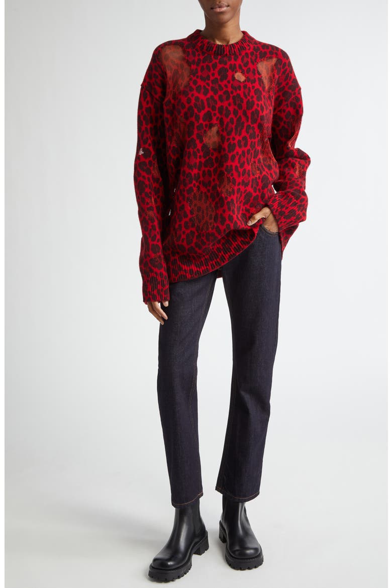 Leopard Jacquard Distressed Virgin Wool Blend Sweater, Alternate, color, LIPSTICK RED