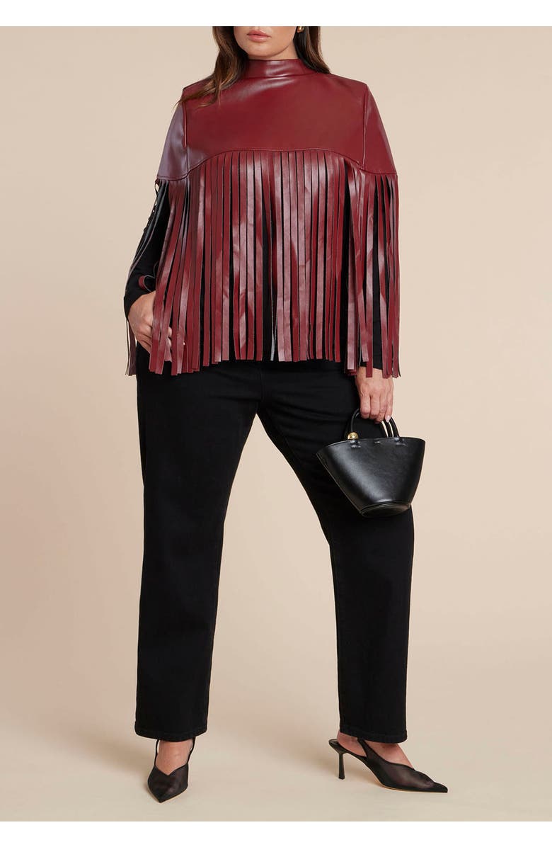 ELOQUII Faux Leather Fringe Cape, Alternate, color, Tawny Port