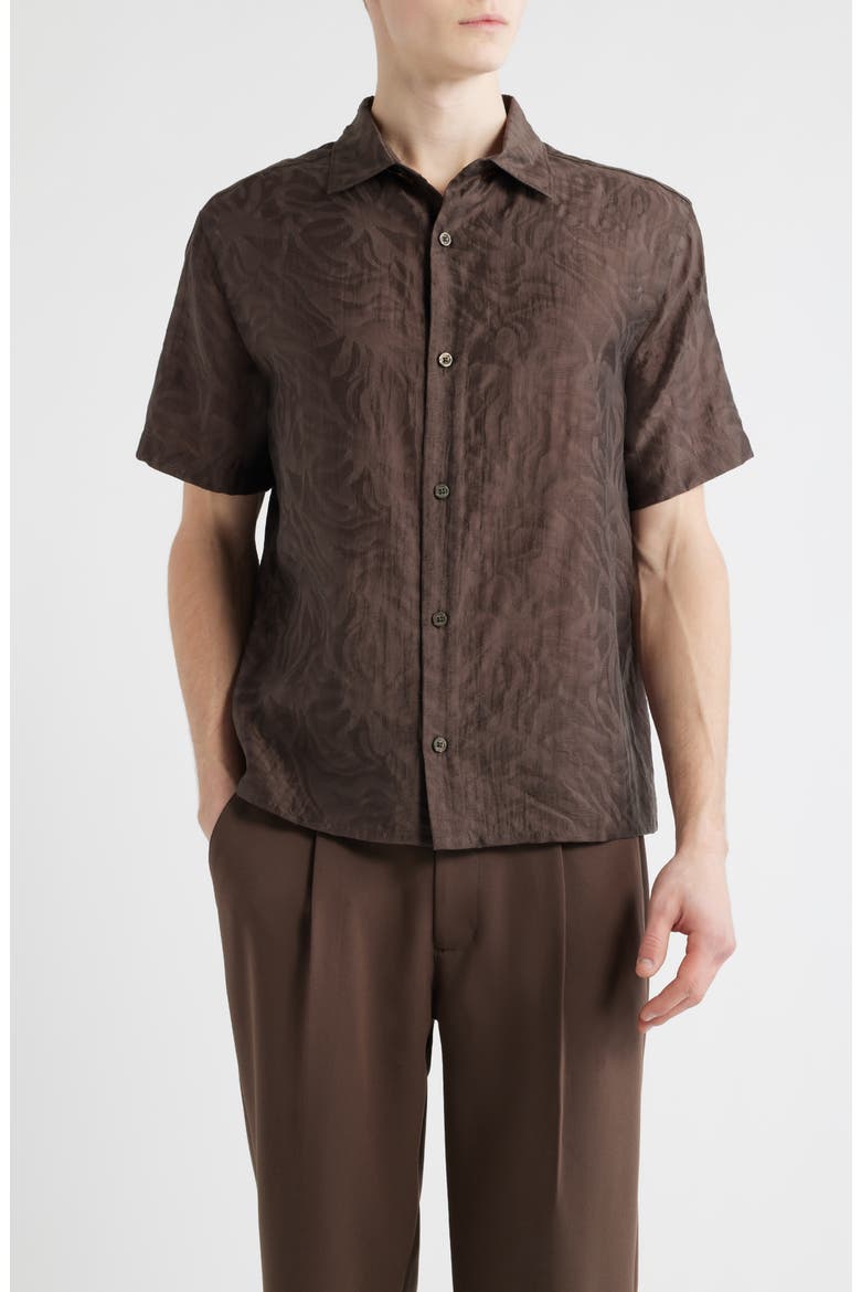 Sunburst Jacquard Short Sleeve Button-Up Shirt, Main, color, BROWN COCOA