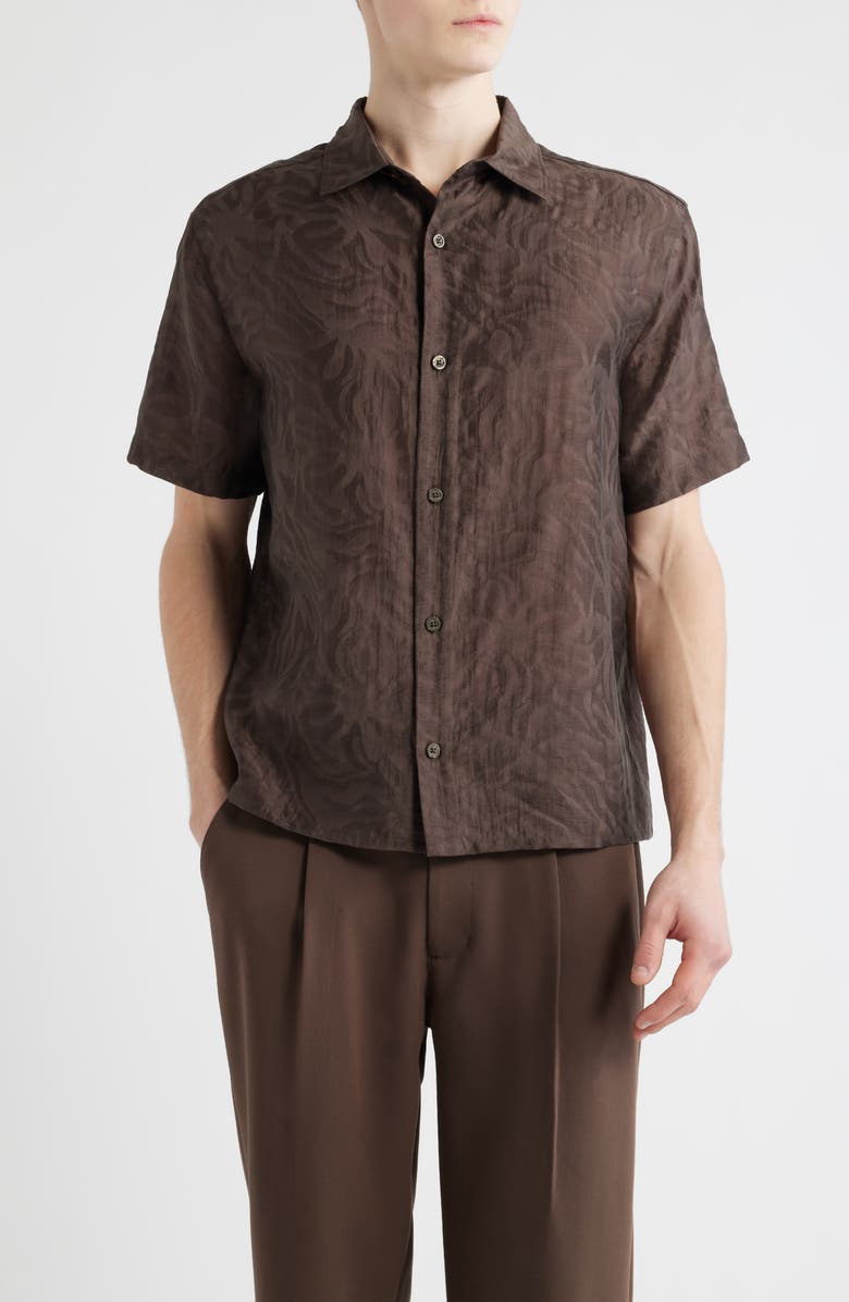 Open Edit Sunburst Jacquard Short Sleeve Button-Up Shirt, Main, color, Brown Cocoa
