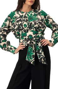 IVONNE Floral Print Blouse with Waist Tie and Keyhole Neckline
