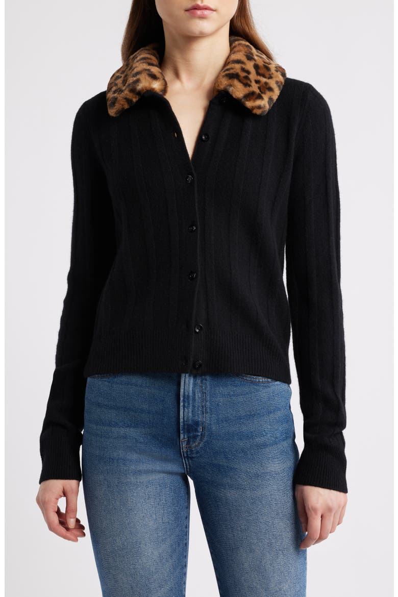 Hannah Wool Cardigan with Faux Fur Collar, Main, color, BLACK LEOPARD