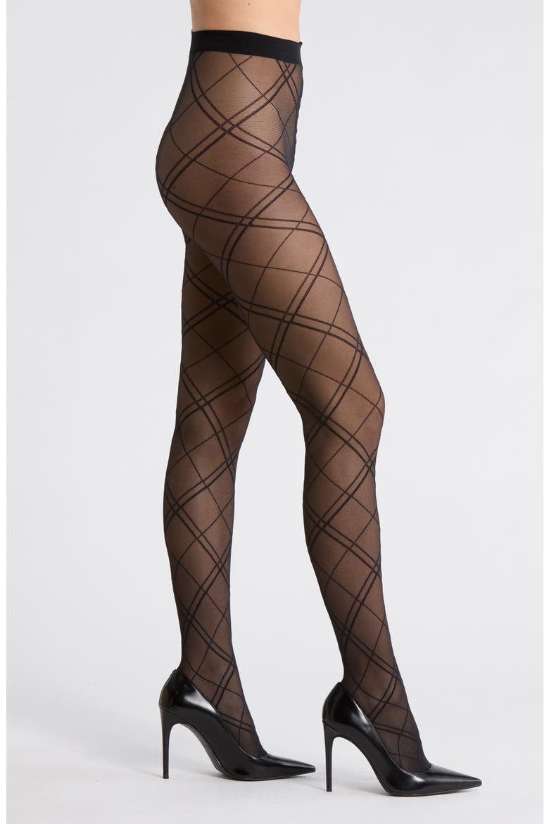 Plaid Sheer Tights, Main, color, BLACK