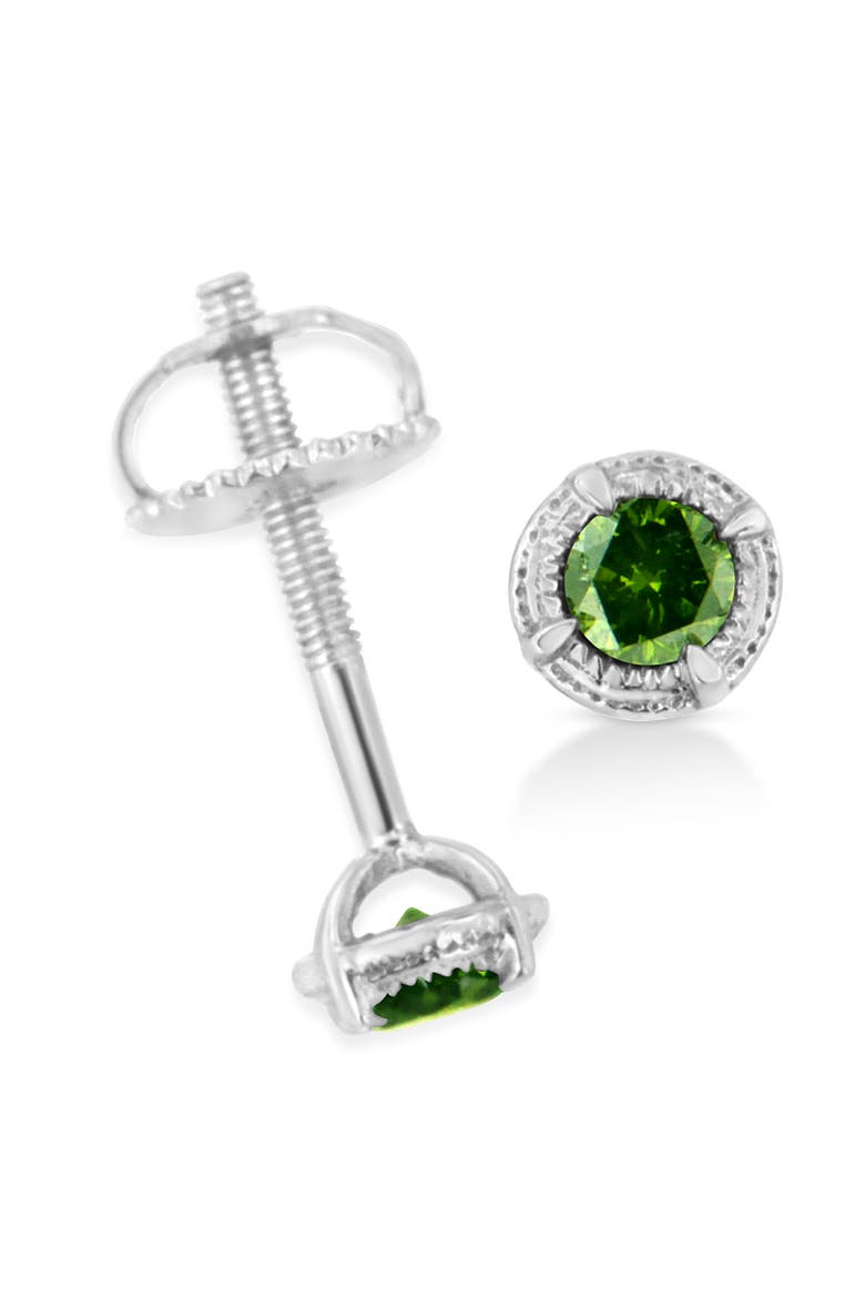 Silver 1/4 Ct Treated Colored Diamond Solitaire Milgrain Stud Earrings, Alternate, color, Green Diamond