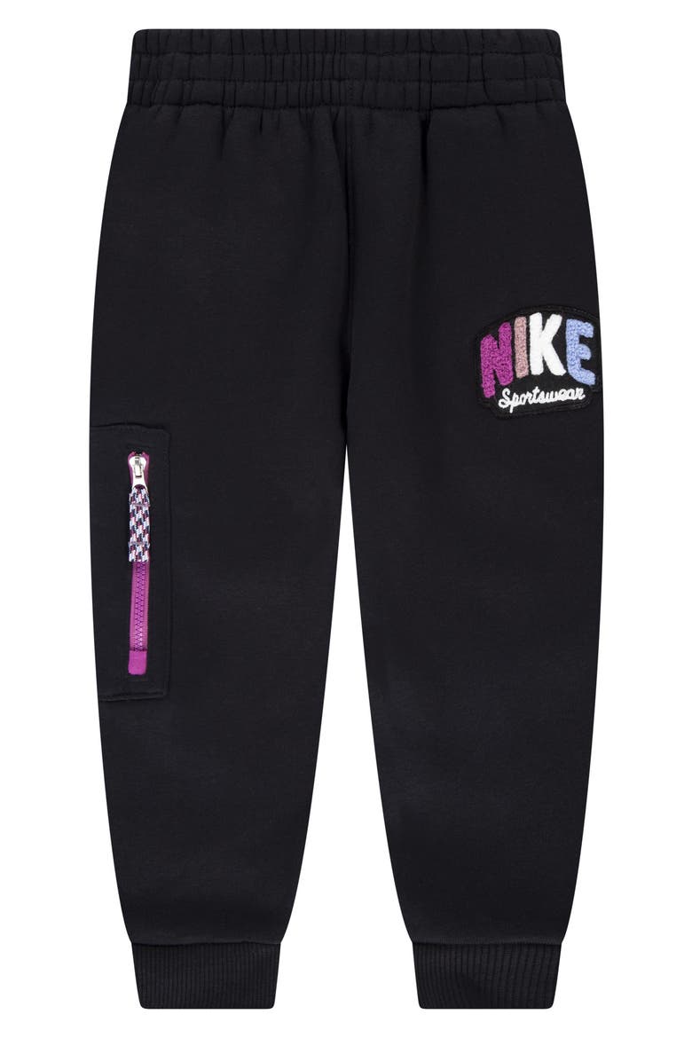 Kids' Bouclé Trim Graphic Joggers, Main, color, BLACK