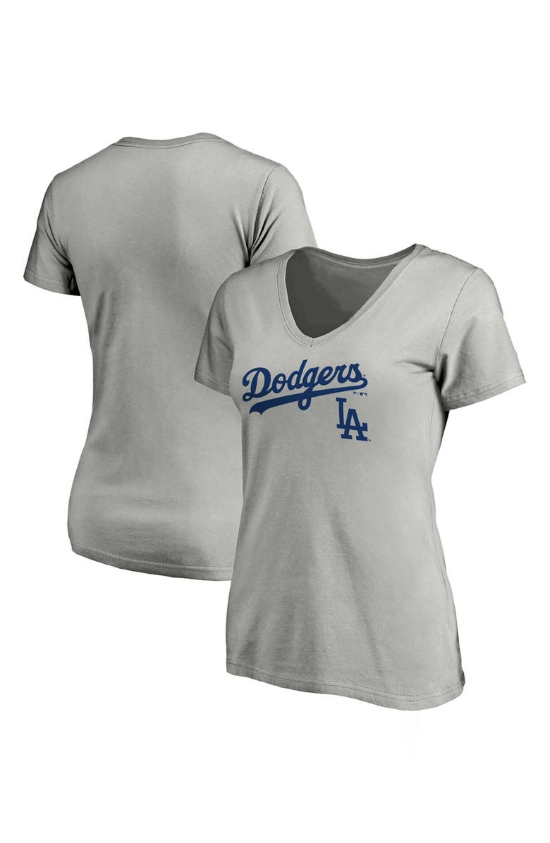 FANATICS Women's Fanatics Branded Heathered Gray Los Angeles Dodgers Team Logo Lockup V-Neck T-Shirt, Alternate, color, 