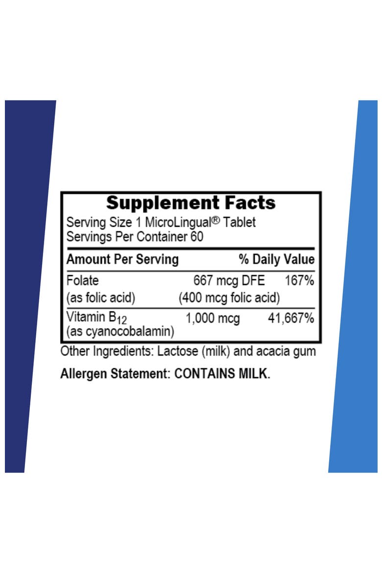 Sublingual Vitamin B-12 Cyanocobalamin and Folic Acid Dissolving Tablets, Alternate, color, White