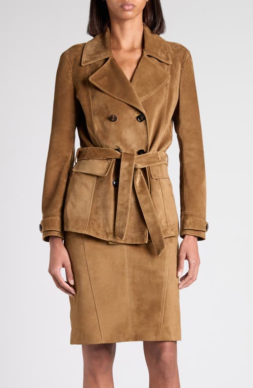 Tom Ford Double Breasted Belted Suede Jacket In Brown