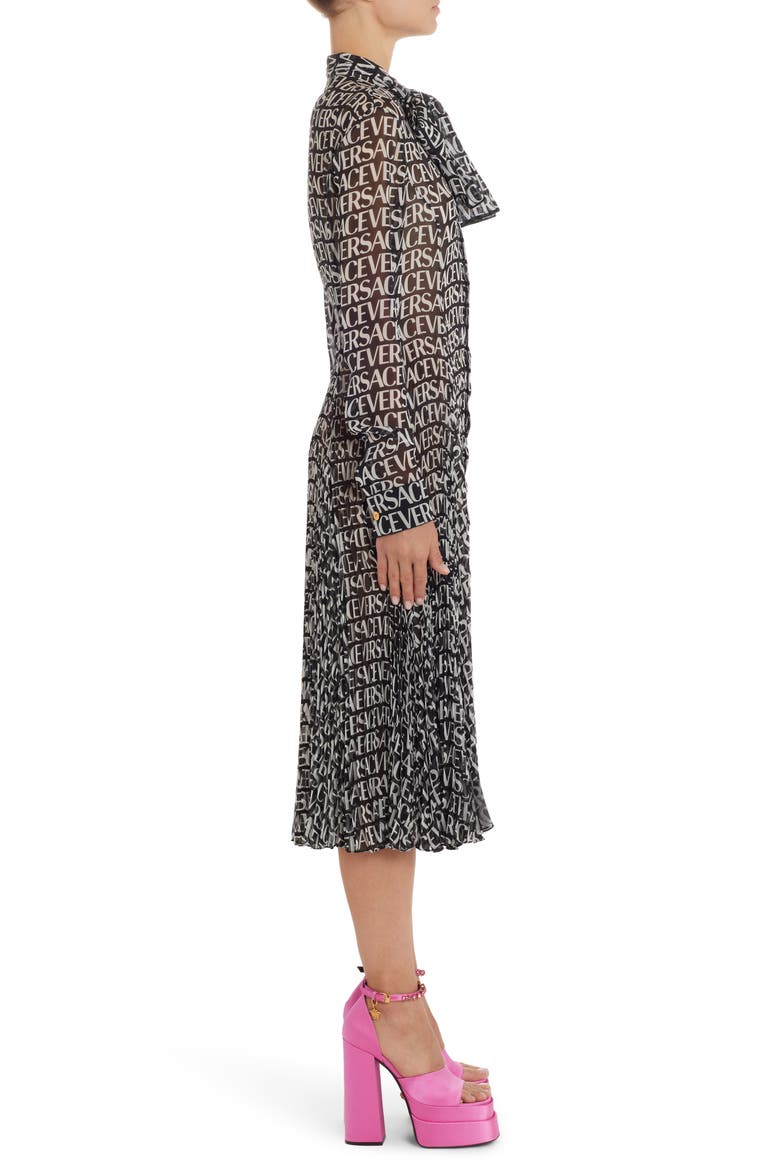 Logo Print Semisheer Long Sleeve Silk Midi Dress, Alternate, color, BLACK/ WHITE
