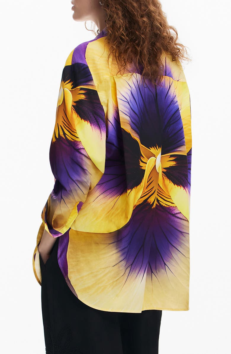 Desigual Pensee Lacroix Pansy Print Cotton & Lyocell Button-Up Shirt, Alternate, color, Yellow Mix