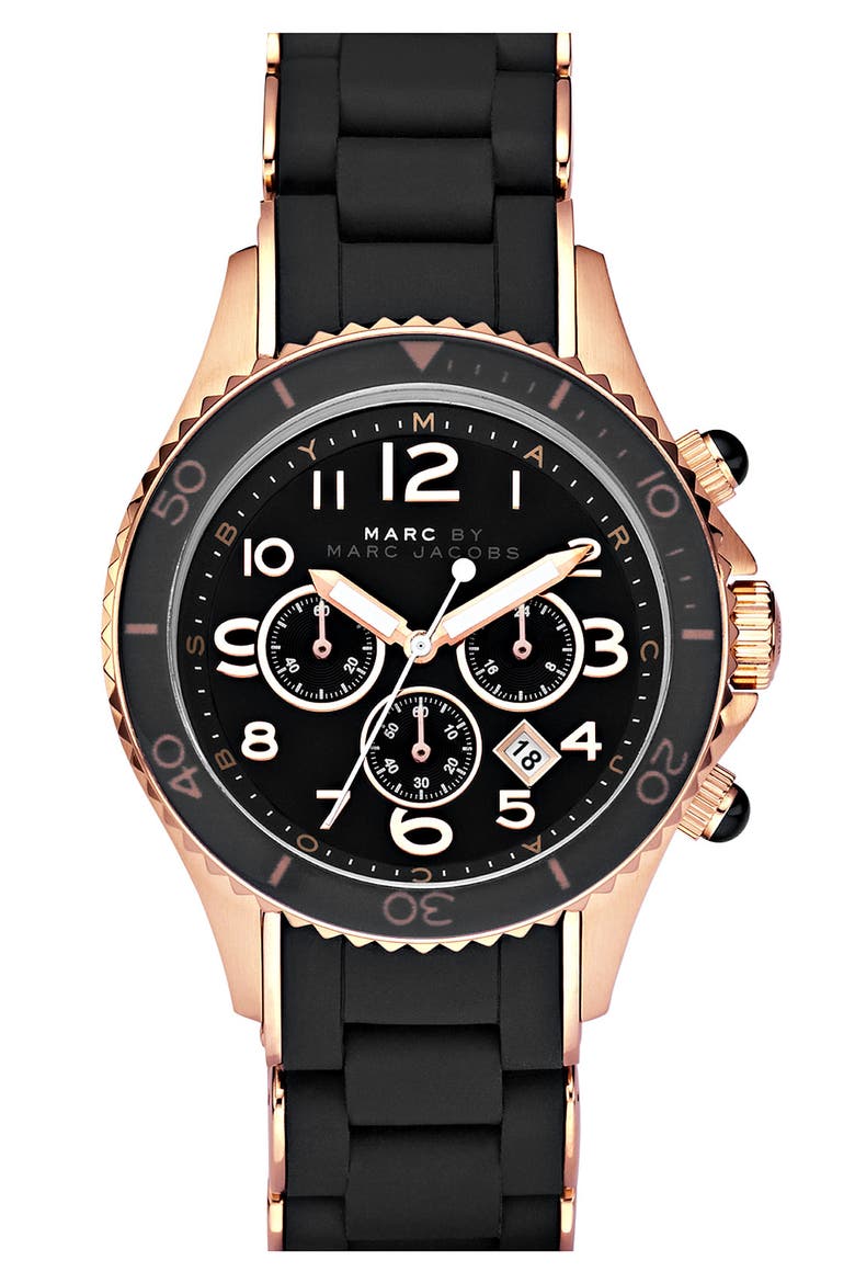 'Rock' Chronograph Silicone Bracelet Watch, Main, color, ROSE GOLD/ BLACK
