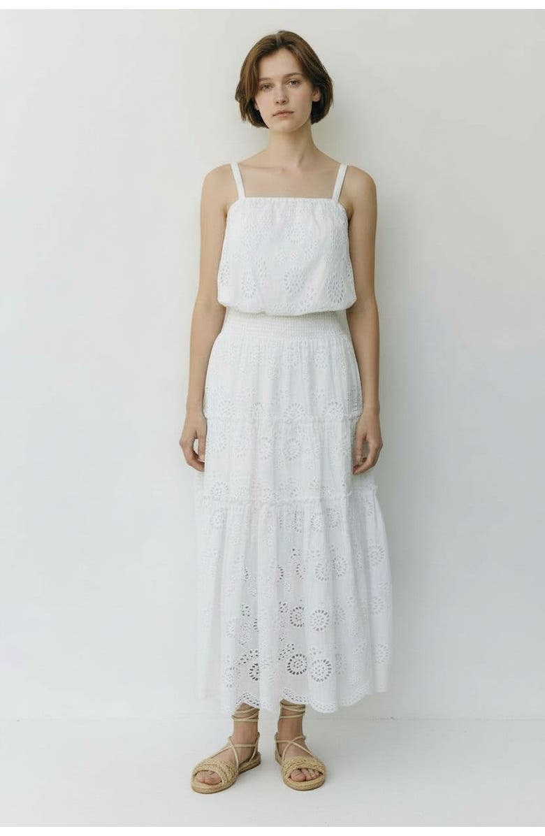 Change of Scenery Charlie Eyelet Embroidered Smock Waist Slit Skirt, Alternate, color, Fresh White