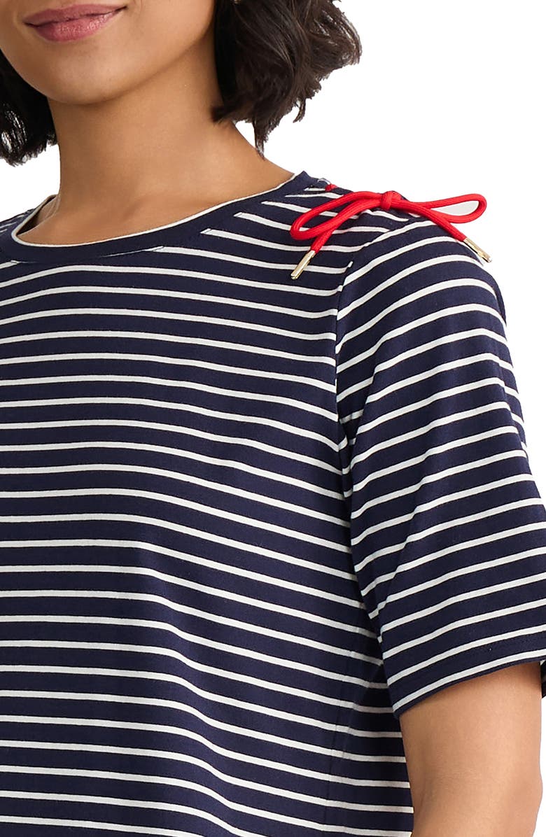 Jones New York Stripe Lace-Up Shoulder T-Shirt, Alternate, color, Pacific Navy/ Natural White