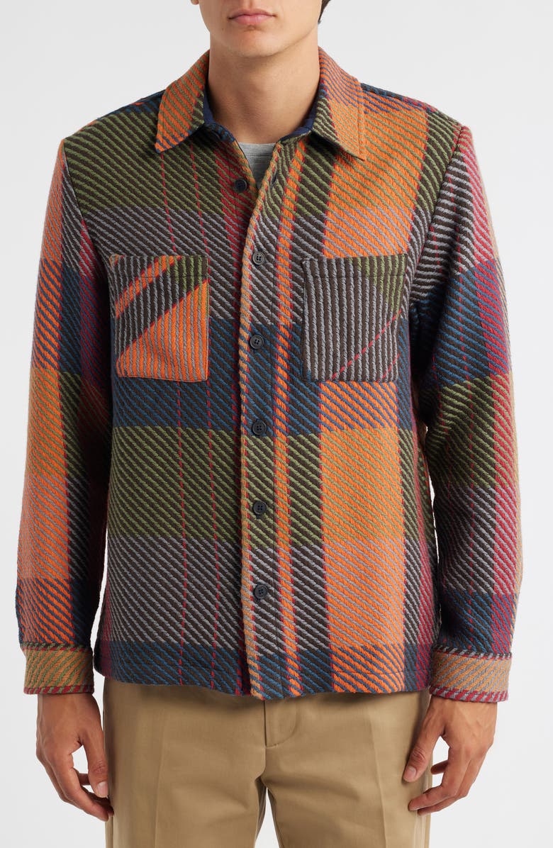 Wax London Whiting Tempo Exploded Plaid Cotton Blend Button-Up Overshirt, Alternate, color, Orange / Multi