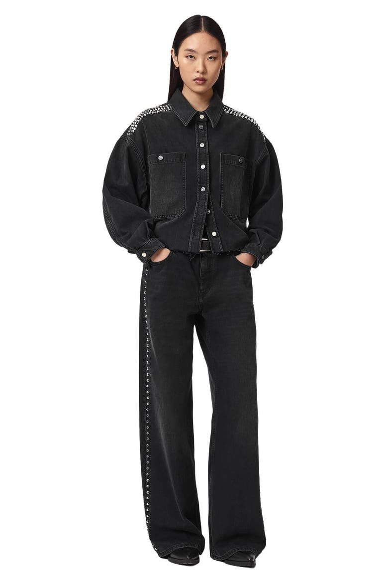 Nicky Stud Denim Jacket, Alternate, color, WASHED BLACK