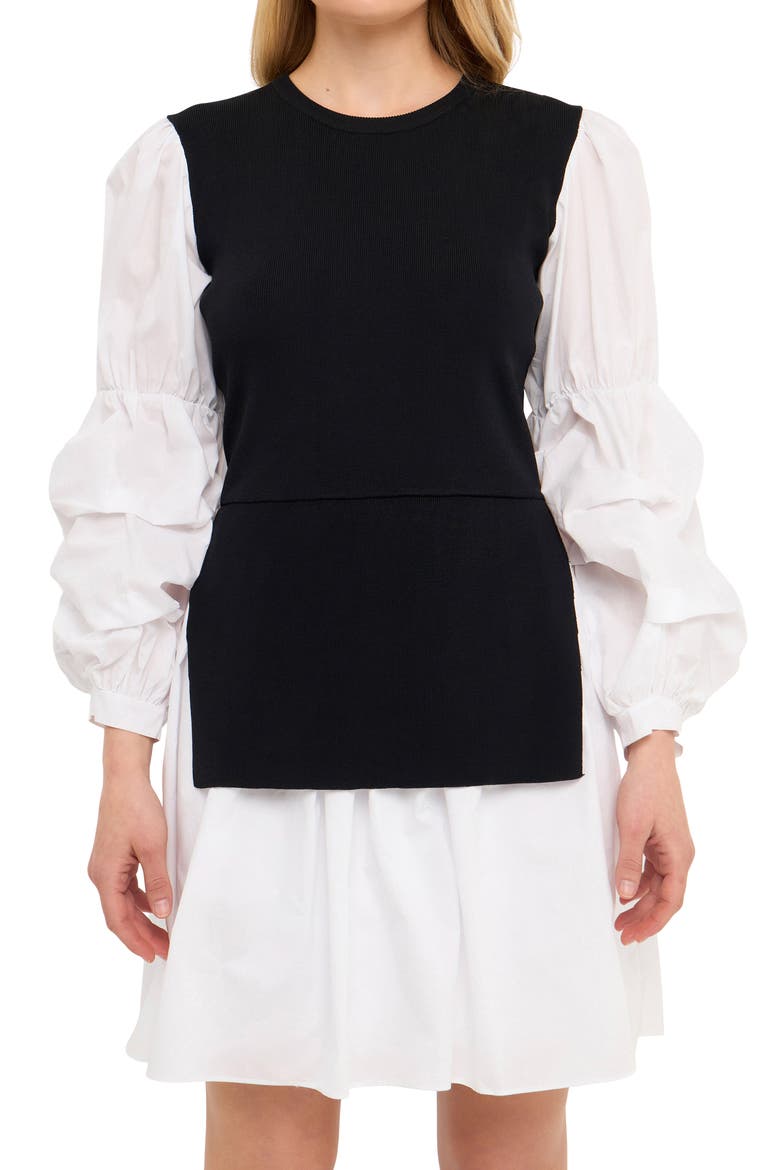 Mixed Media Long Sleeve Minidress, Alternate, color, BLACK/ WHITE