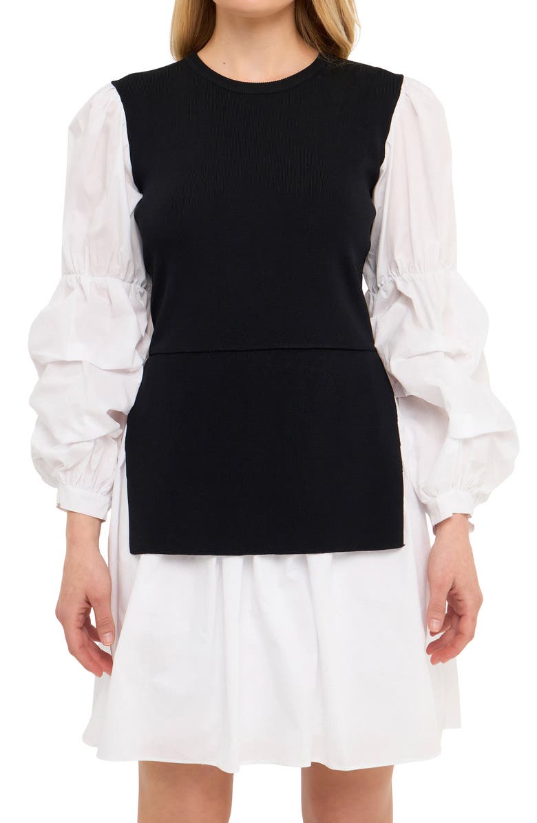 English Factory Mixed Media Long Sleeve Minidress, Alternate, color, Black/ White