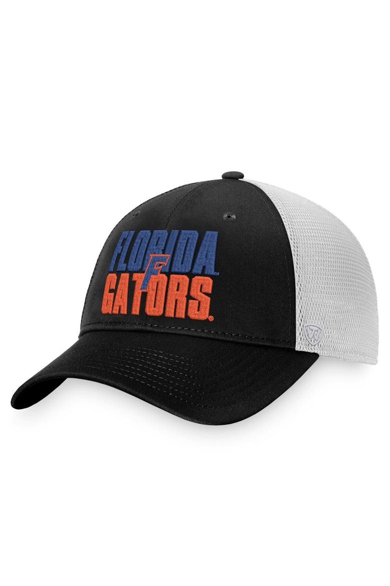 Men's Top of the World Black/White Florida Gators Stockpile Trucker Snapback Hat, Main, color, Black