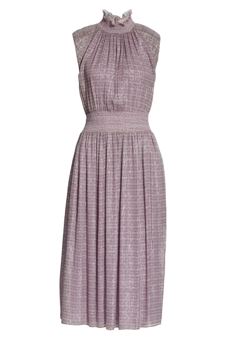 Smocked Metallic Silk Chiffon Midi Dress, Alternate, color, LAVENDER MULTI