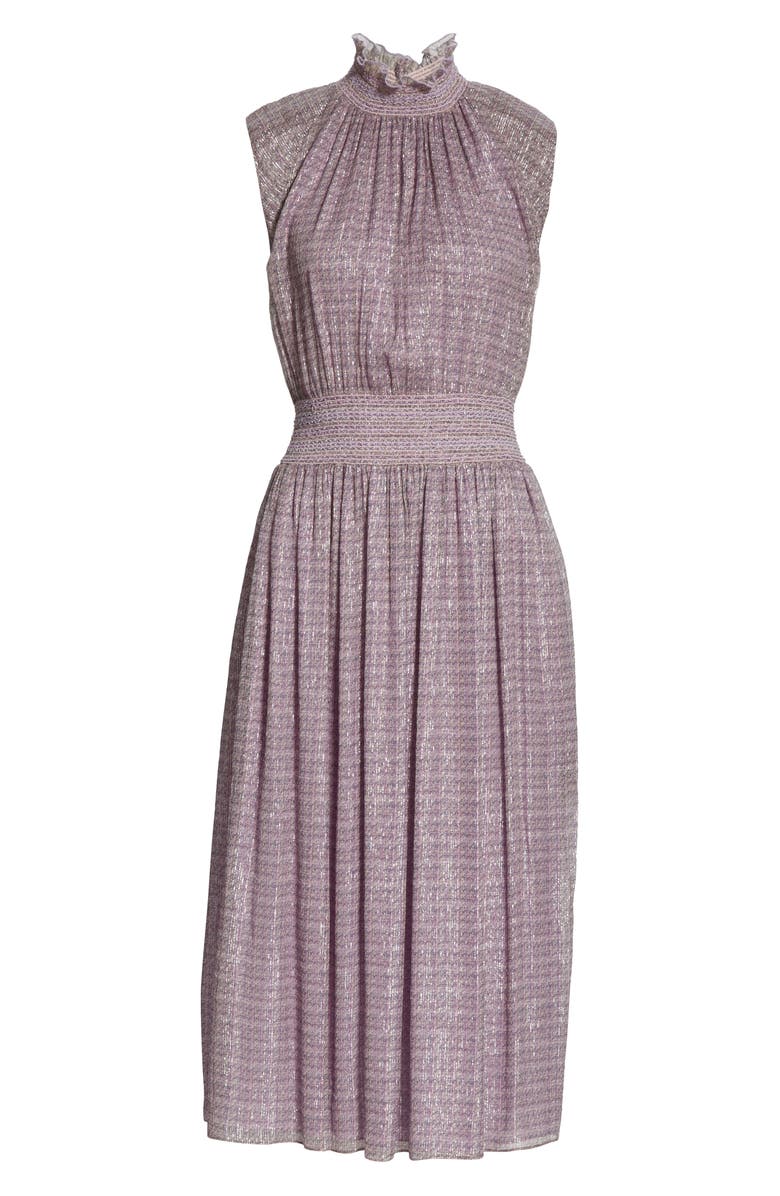 Adam Lippes Smocked Metallic Silk Chiffon Midi Dress, Alternate, color,