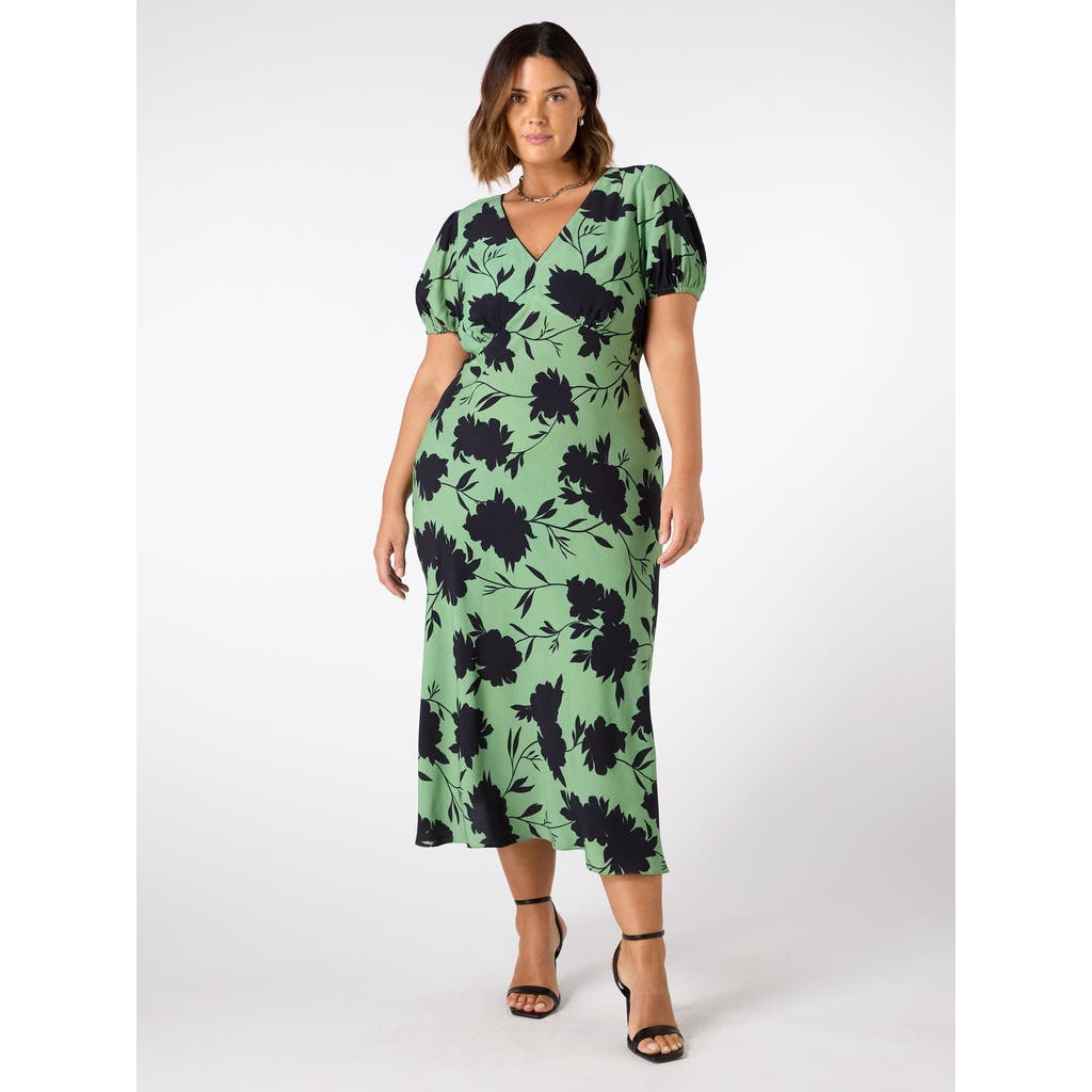 Live Unlimited Floral Print Puff Sleeve Midi Dress In Green
