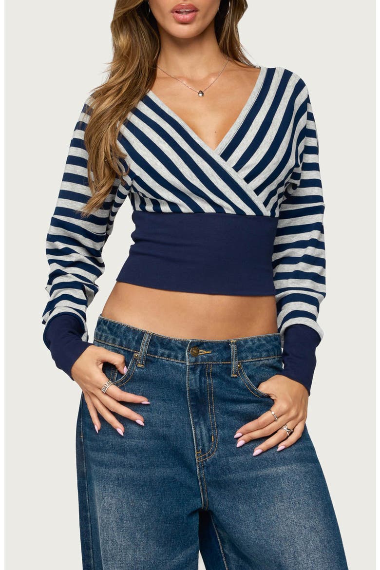 Keeva Striped Surplice Top, Main, color, NAVY-AND-GRAY-MELANGE