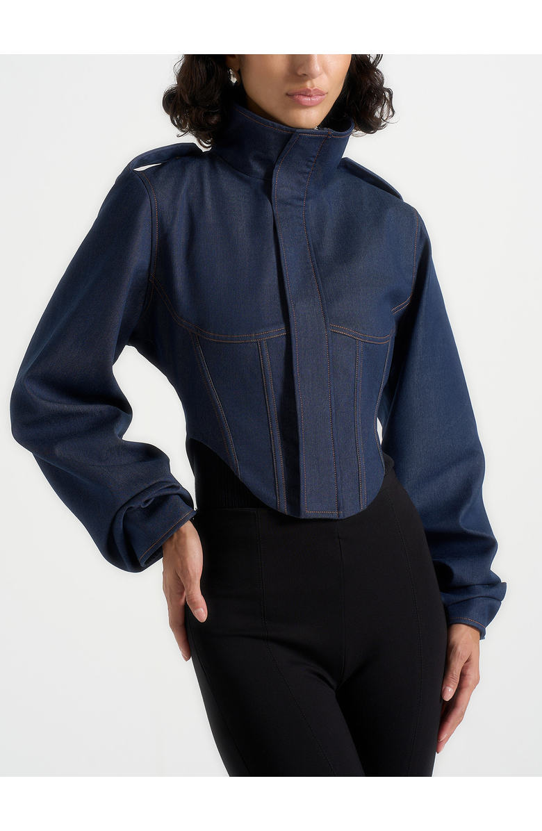 Manière De Voir Solange Denim Tacked Sleeve Corset Jacket, Alternate, color, Polished Indigo