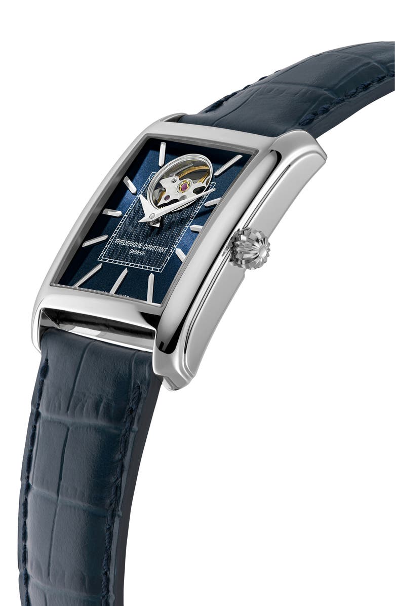 FREDERIQUE CONSTANT Classics Carrée Open Heart Blue Leather Strap Watch, 34.4mm x 33.3mm, Alternate, color,