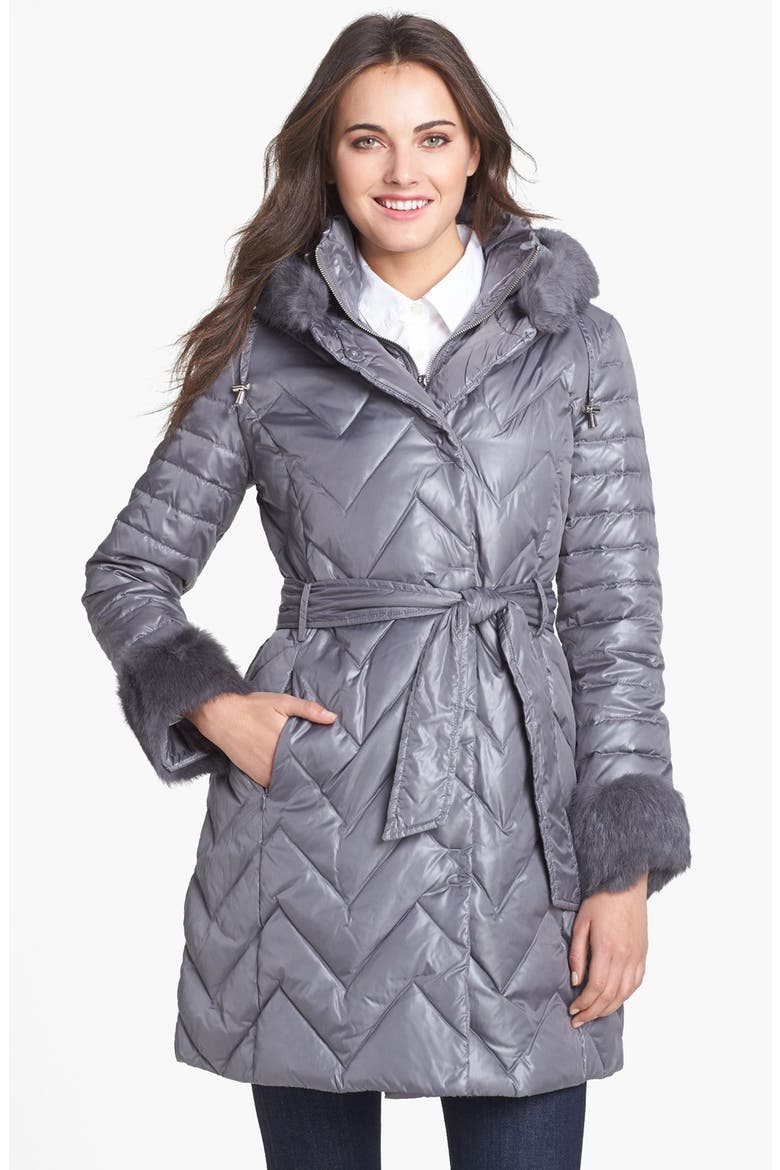 Genuine Rabbit Fur Trim Down & Feather Coat, Main, color, LIGHT GREY