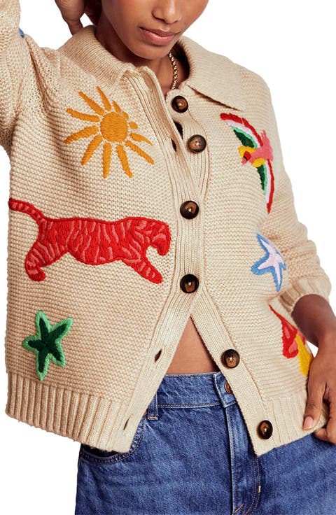Embroidered Wool Blend Cardigan