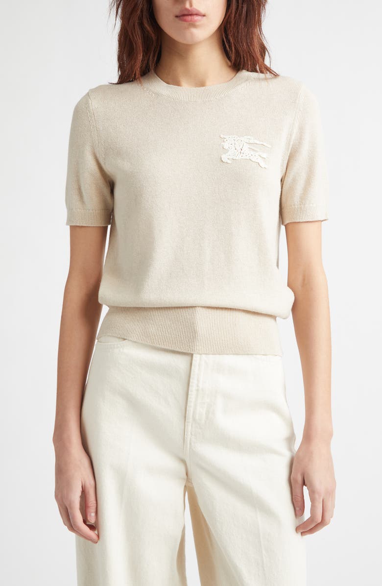 Burberry EKD Short Sleeve Wool & Cotton Sweater, Main, color, Easel Beige