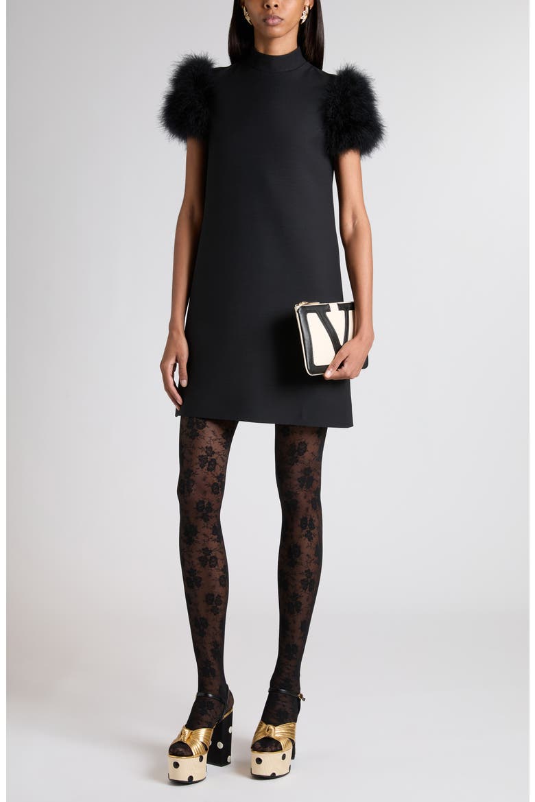 Feather Trim Crepe Couture Shift Dress, Alternate, color, BLACK