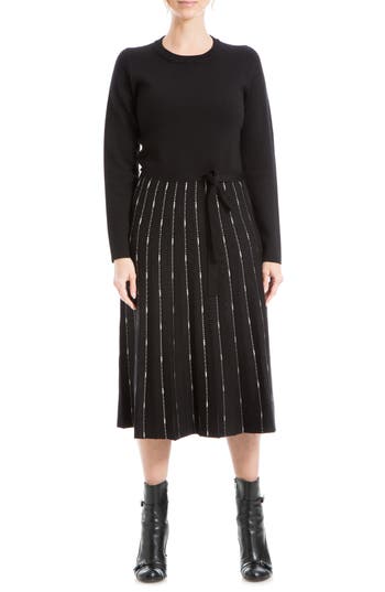 Max Studio Long Sleeve Midi Sweater Dress In Black/ivy Stripe